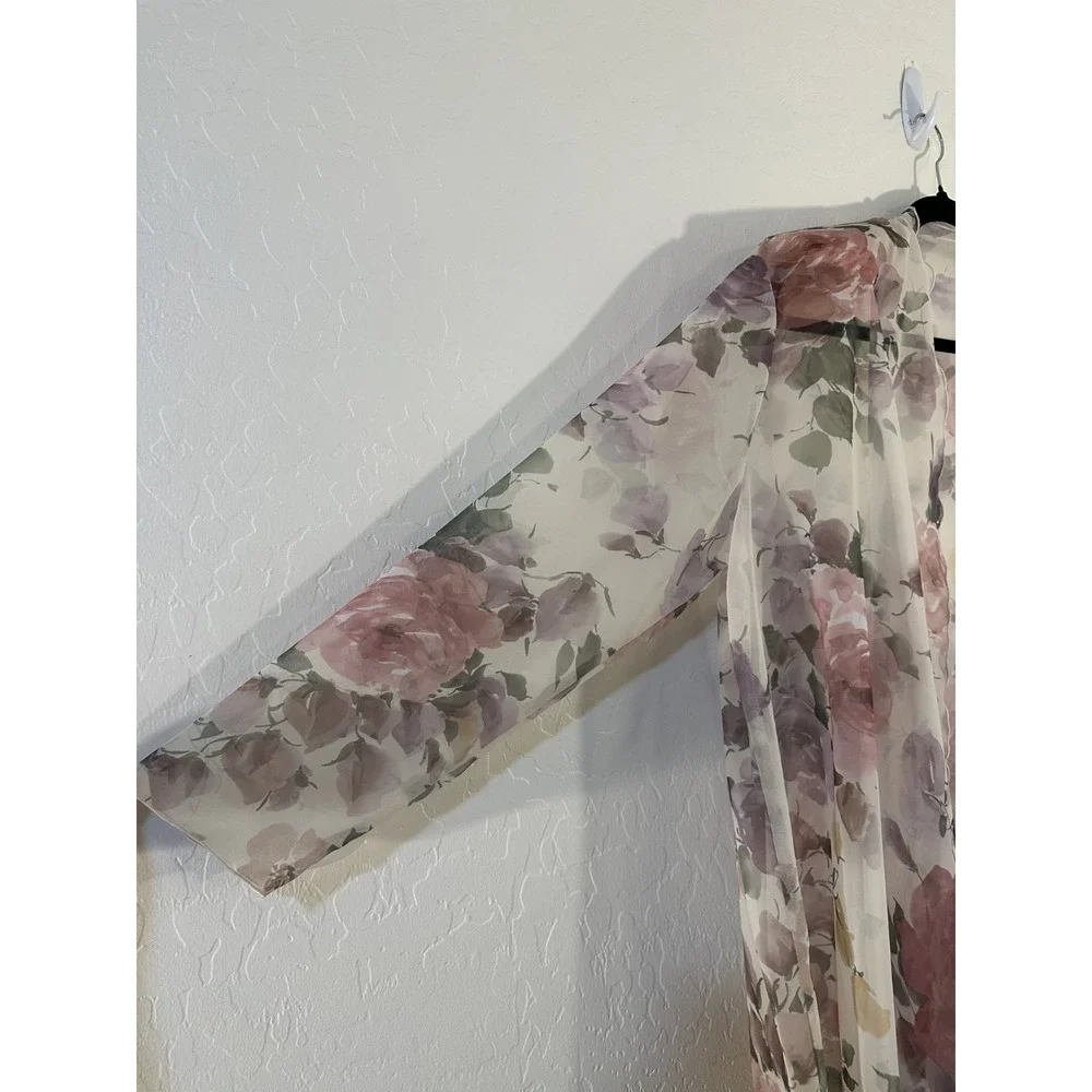 VTG Womans Floral Duster Cardigan‎ Size 18 Cottage Rosette Garden Scalloped Trim